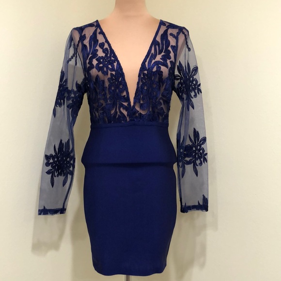 SOLD Fashion Nova Blue Mesh Floral Lace Plunge Low Cut Bodycon Dress Size XL - Picture 2 of 9